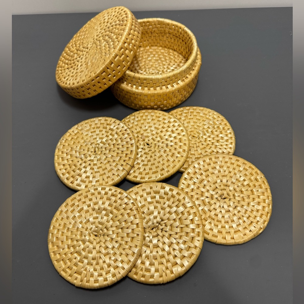 Woven Rattan Coaster Set with Holder